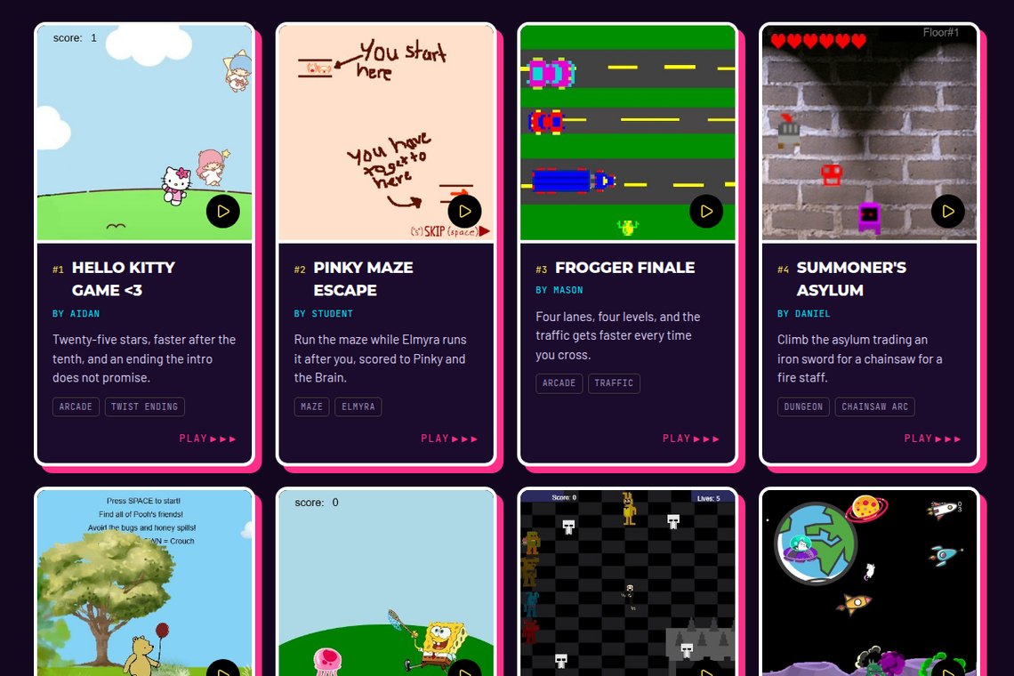 The arcade's game cards, each with its title, its maker, and how to play