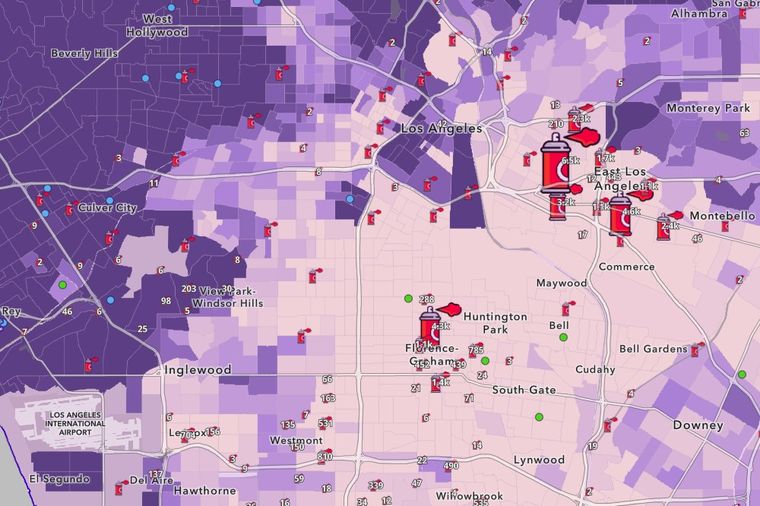 A choropleth map of Los Angeles County, shaded by census tract