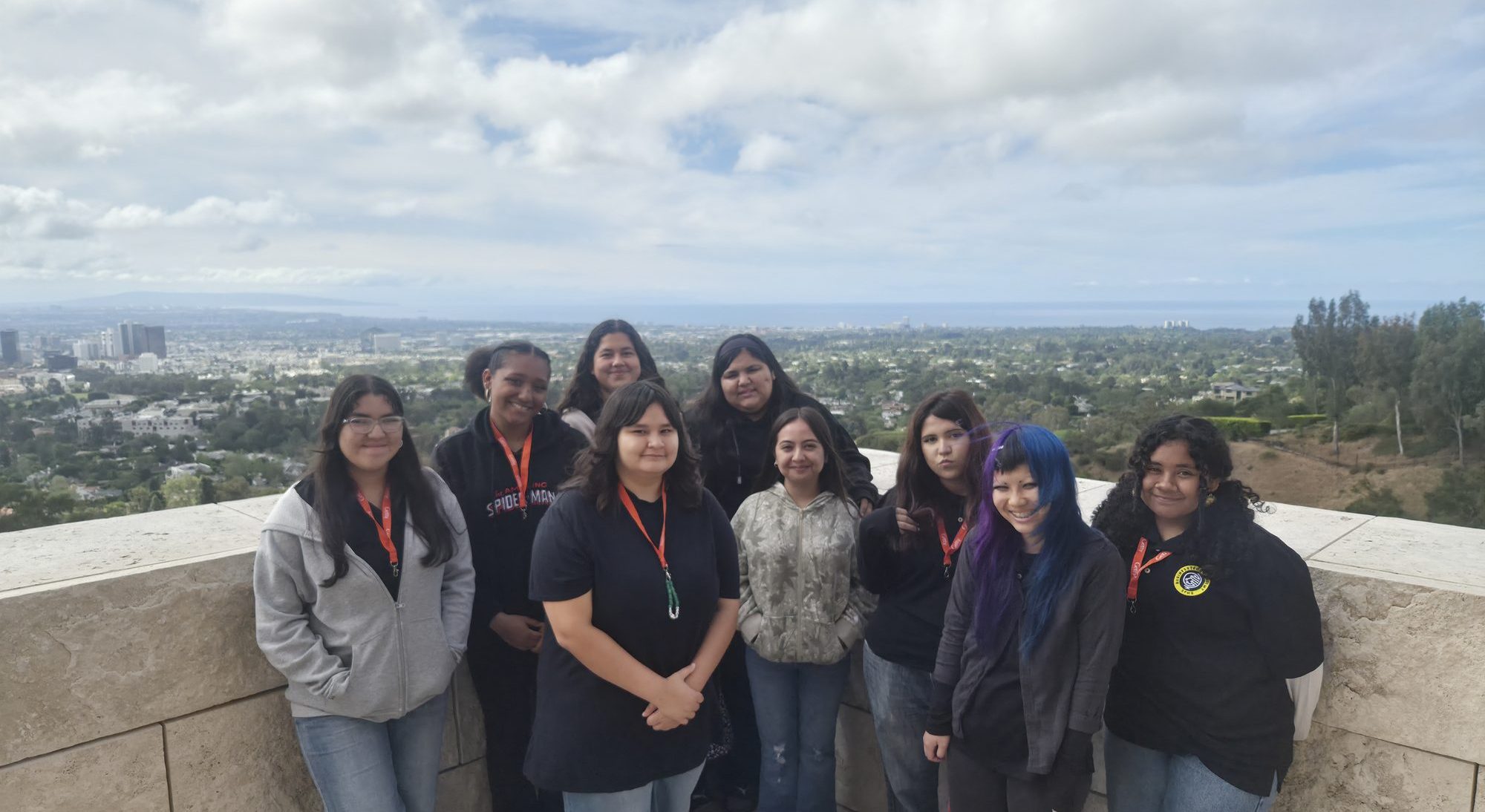 The Academy cohort on the Getty overlook, the Los Angeles basin behind them