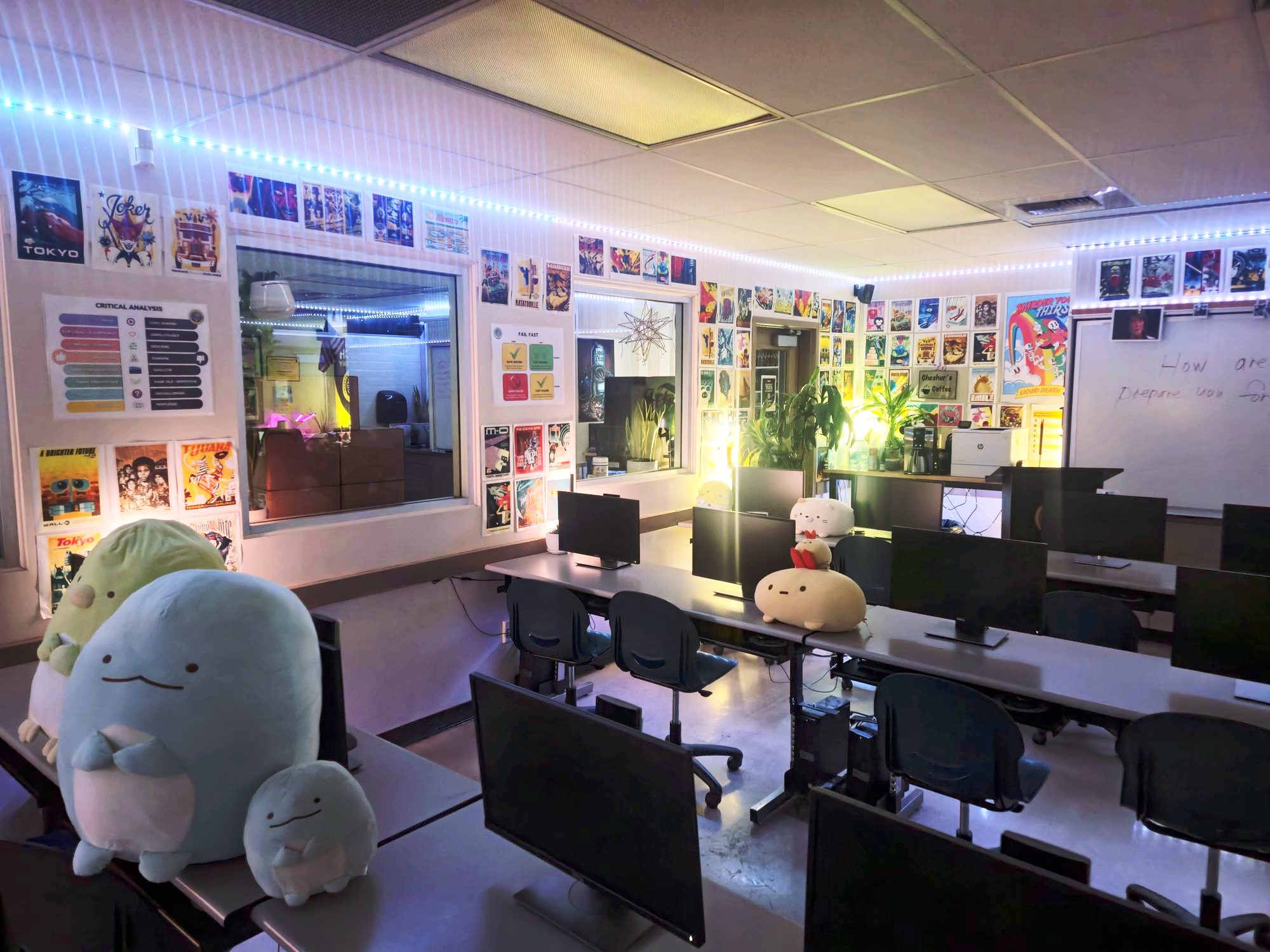 The Academy room, lit along the ceiling, posters covering every wall