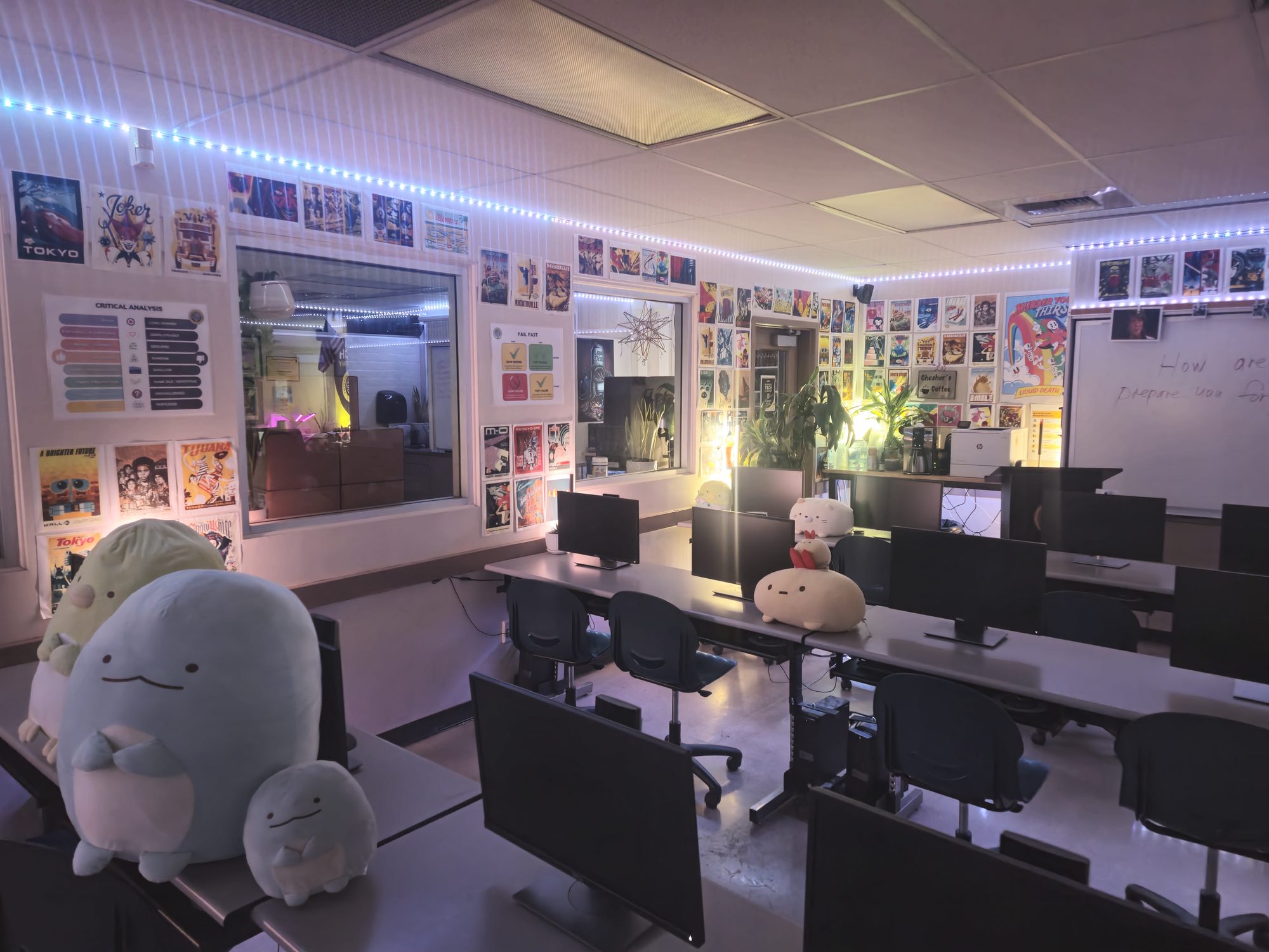 The Academy room, lights on and posters covering the walls